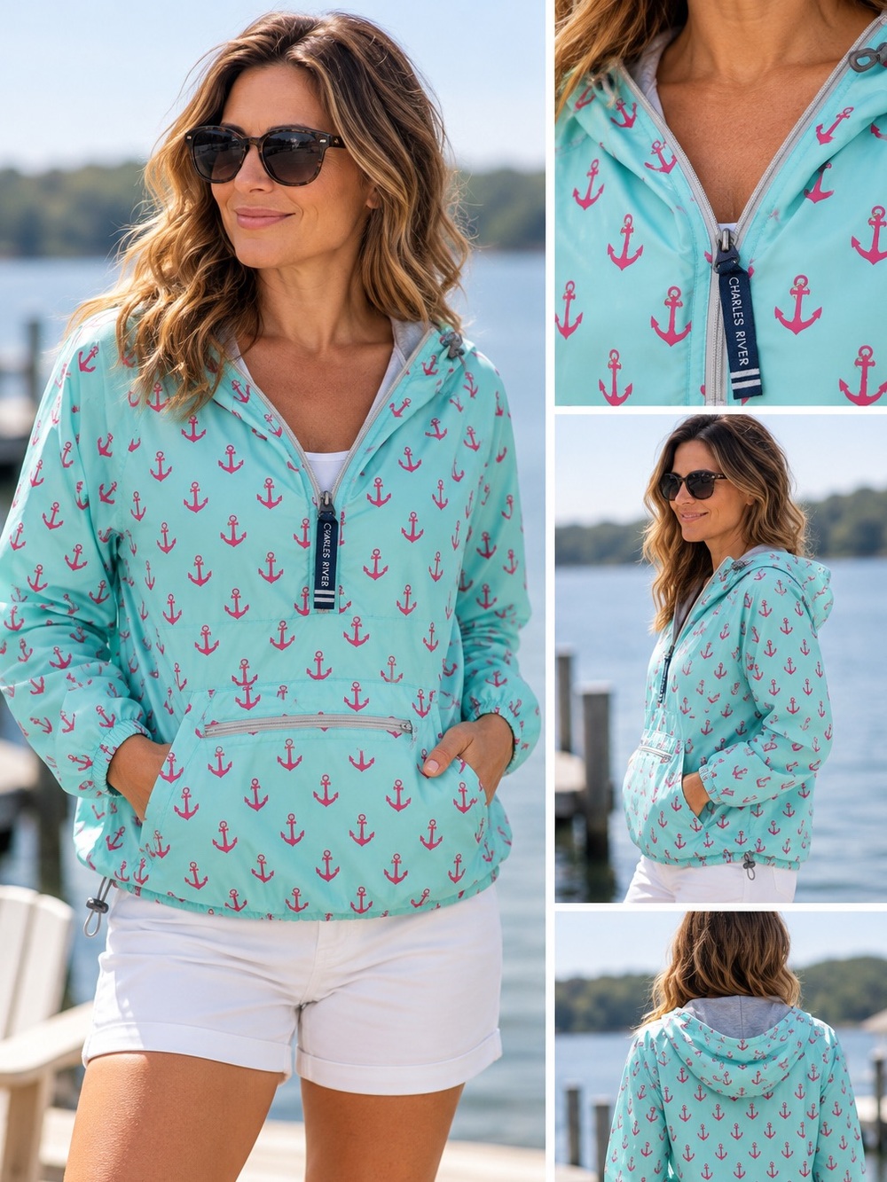 3/$20 Charles River Apparel Aqua Hoodie with Pink Anchor Design